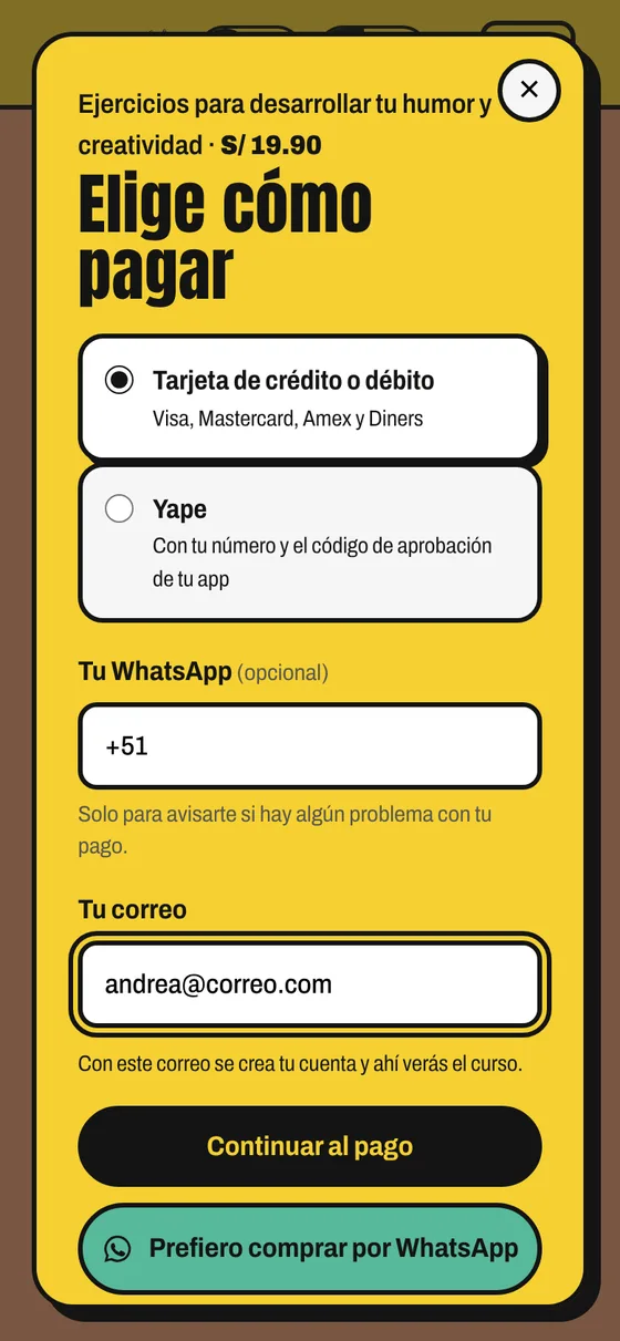 Pantalla para elegir cómo pagar: tarjeta o Yape